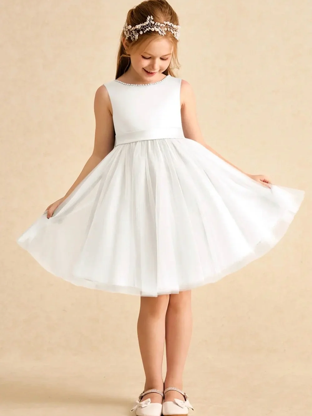 Azazie Jani Ivory Tulle Party Dress for Girls - Sleeveless Fit-and-Flare